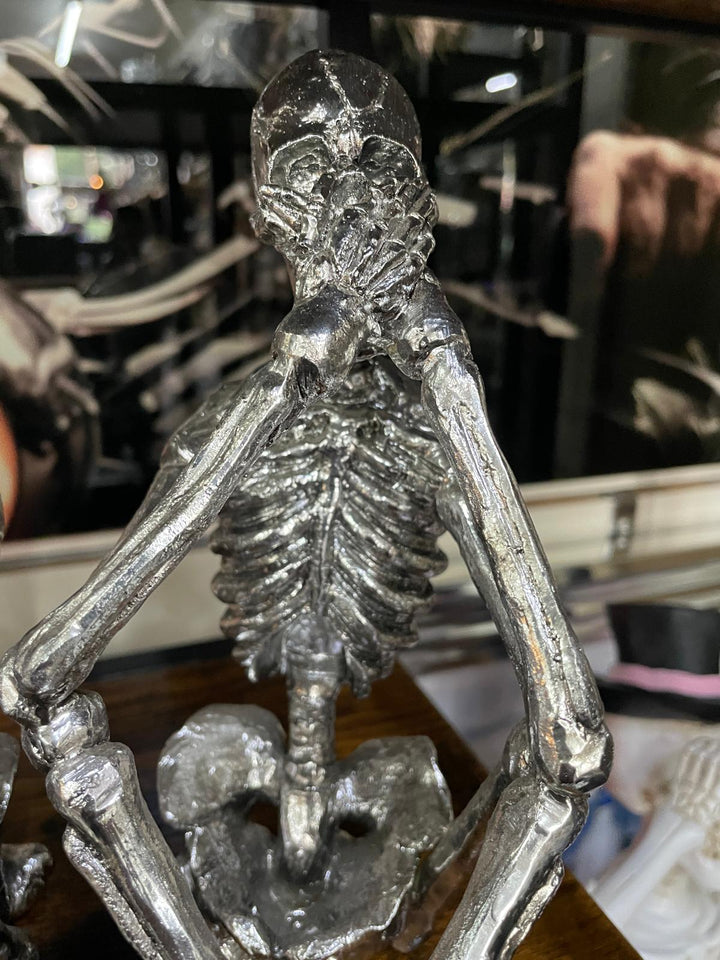 3 Wise Skeletons silver resin decorative quirky ornaments shelf sitting novelty