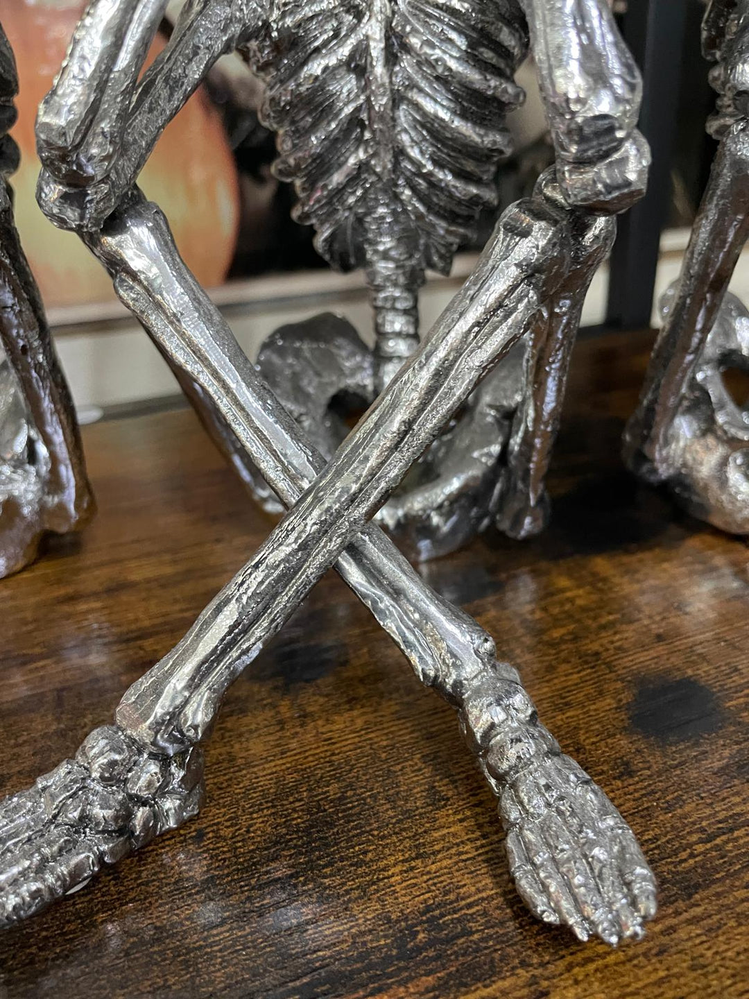 3 Wise Skeletons silver resin decorative quirky ornaments shelf sitting novelty