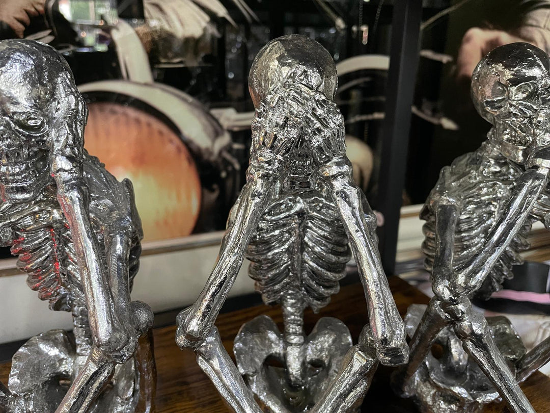 3 Wise Skeletons silver resin decorative quirky ornaments shelf sitting novelty