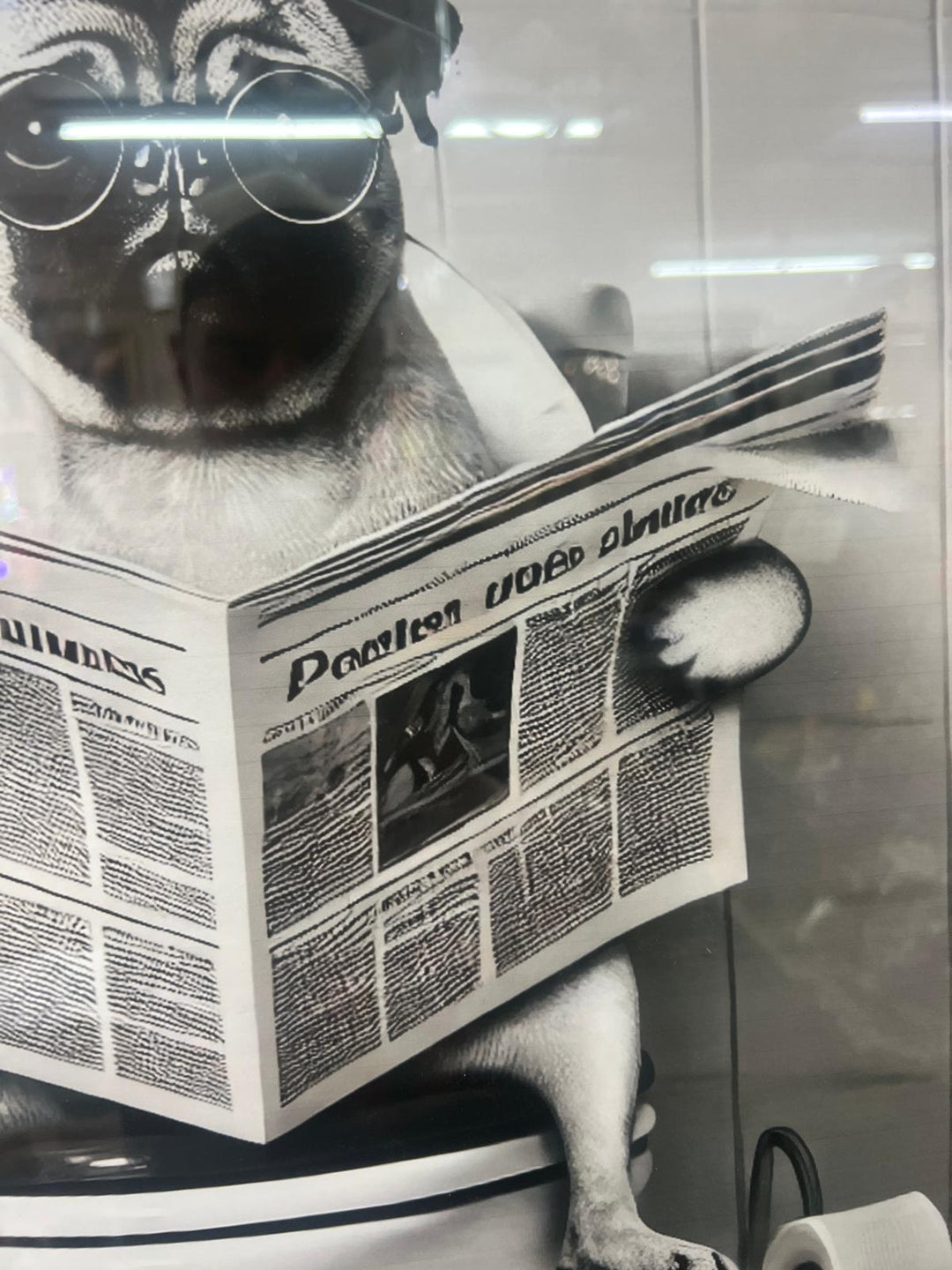 Black framed Pug Dog on toilet newspaper picture quirky wall art