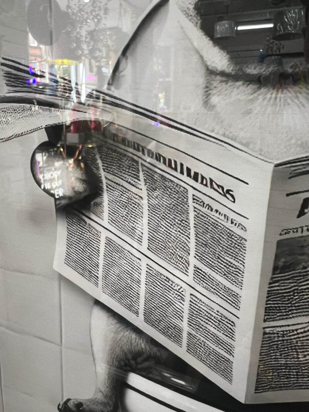 Black framed Pug Dog on toilet newspaper picture quirky wall art