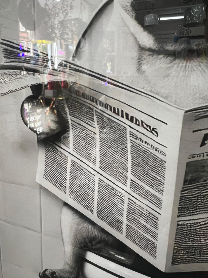 Black framed Pug Dog on toilet newspaper picture quirky wall art