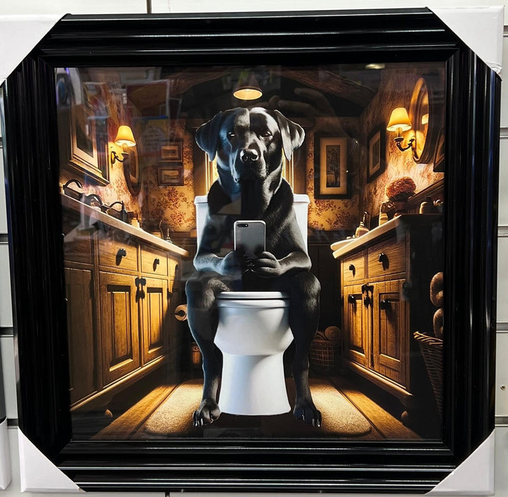 Framed Black step labrador dog picture with mobile on the toilet wall art decor