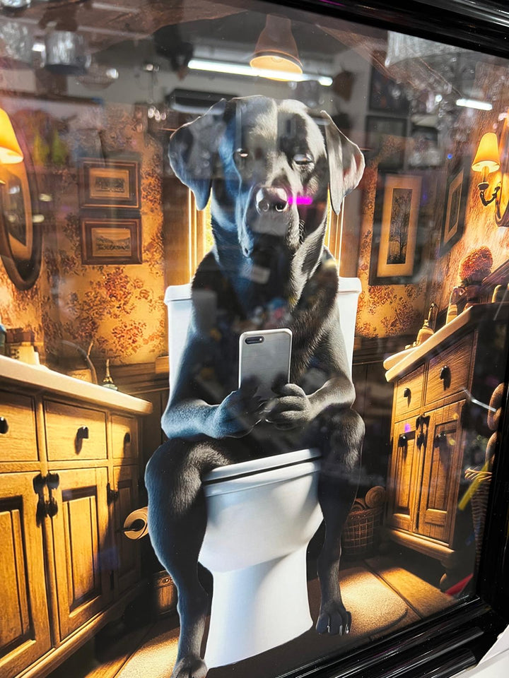 Framed Black step labrador dog picture with mobile on the toilet wall art decor