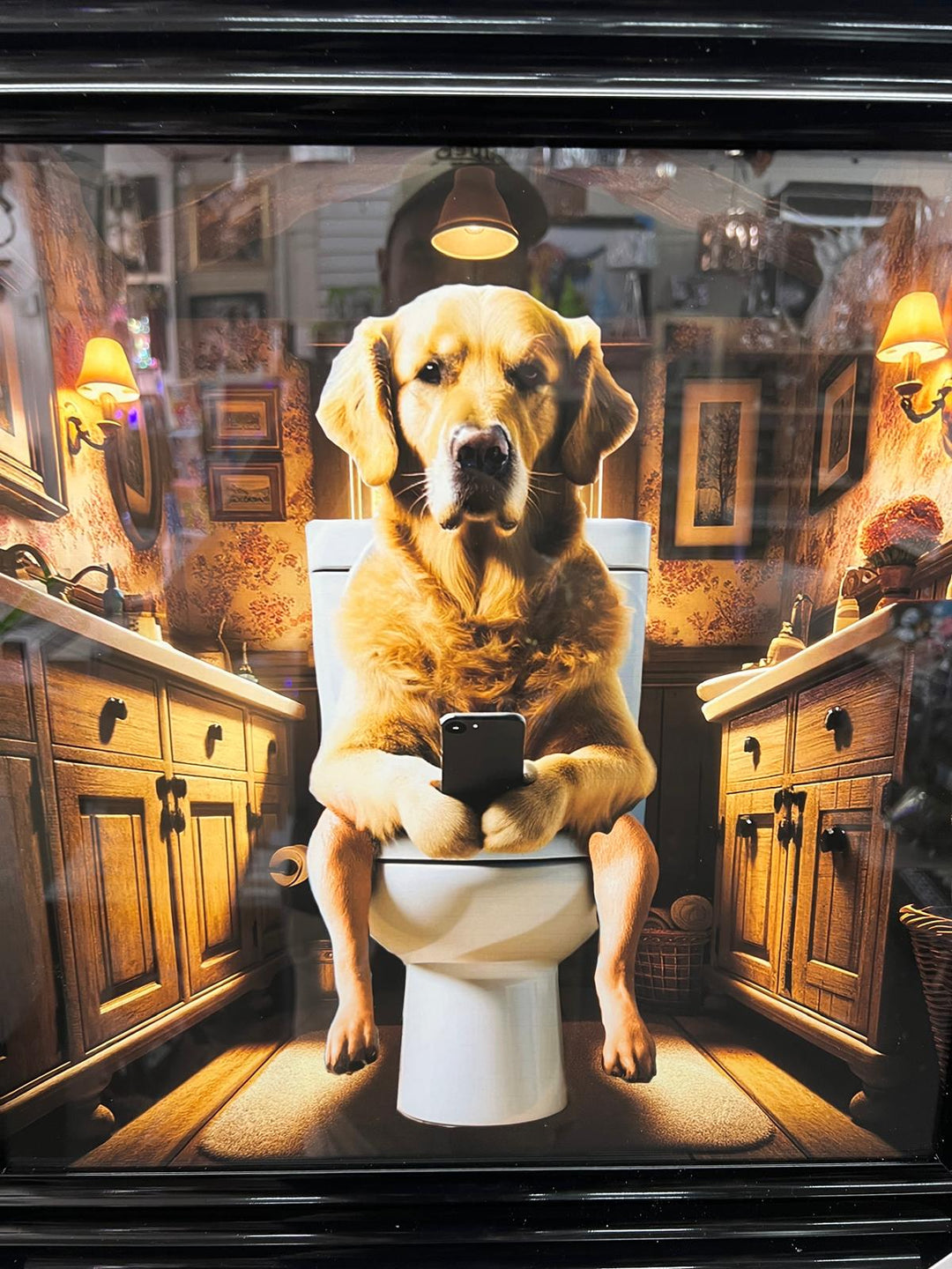Framed Black step labrador dog picture with mobile on the toilet wall art decor