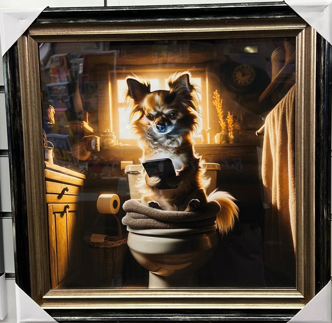 Black & gold framed Chihuahua on toilet newspaper quirky picture