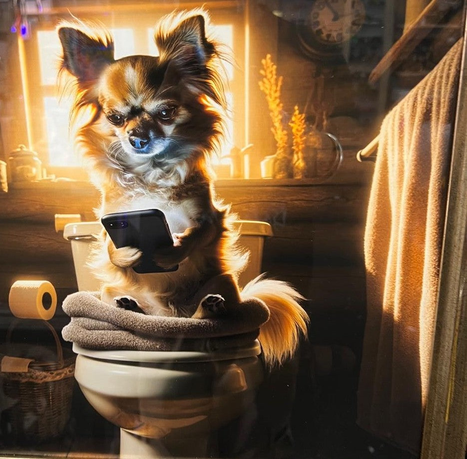 Black & gold framed Chihuahua on toilet newspaper quirky picture