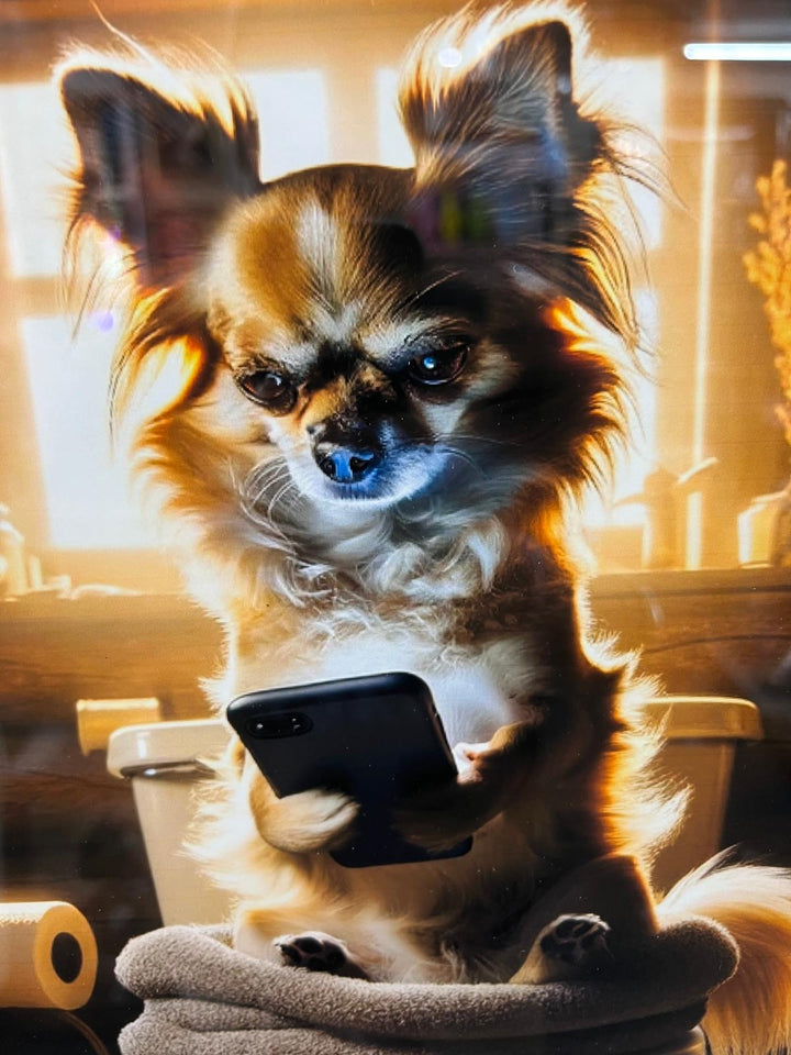 Black & gold framed Chihuahua on toilet newspaper quirky picture