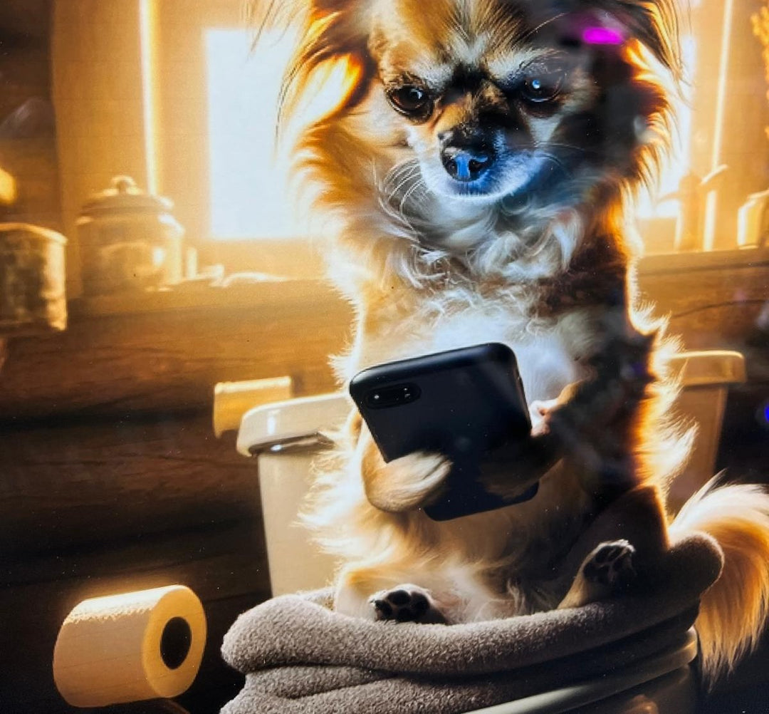 Black & gold framed Chihuahua on toilet newspaper quirky picture