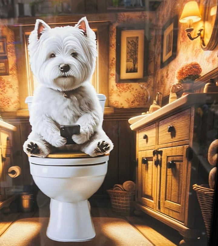 Black step framed Westie white Terrier dog on toilet quirky picture wall art