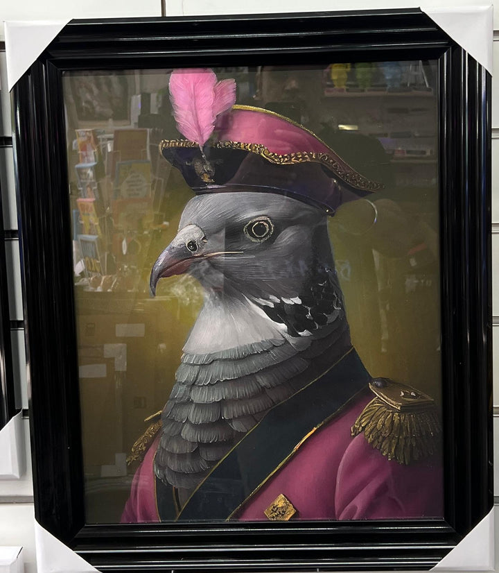 Framed black pigeon picture in pink suit & hat feather quirky wall art decor