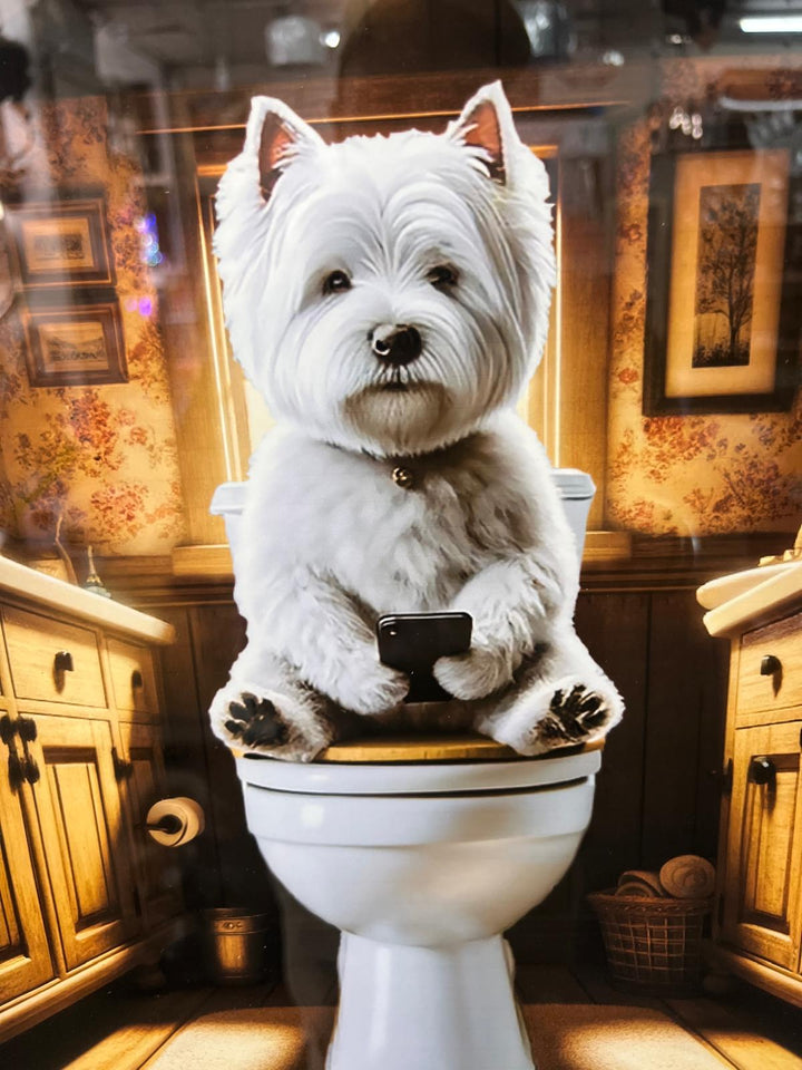 Black step framed Westie white Terrier dog on toilet quirky picture wall art