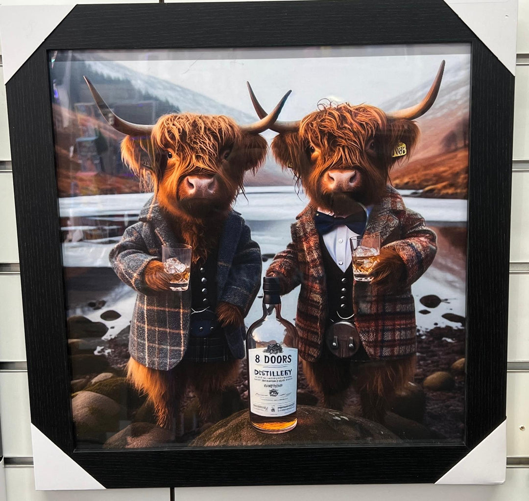 2 Highland cows drinking black frame wall art pictures