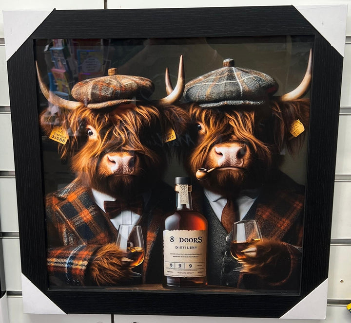2 Highland cows drinking black frame wall art pictures