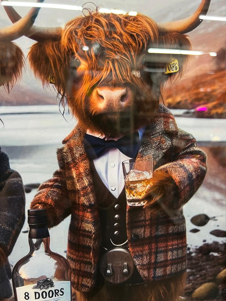 2 Highland cows drinking black frame wall art pictures