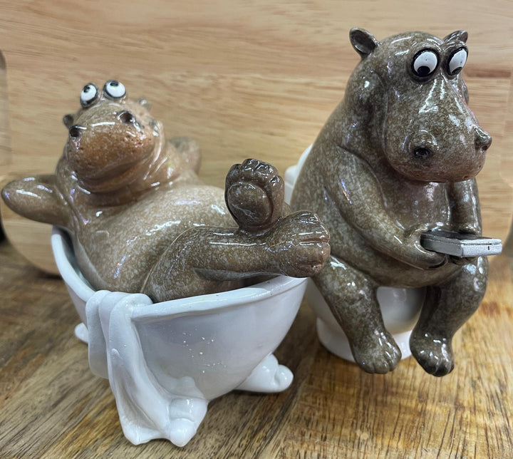 Hippopotamus in tub, on the toilet mobile phone ornament quirky toilet bathroom