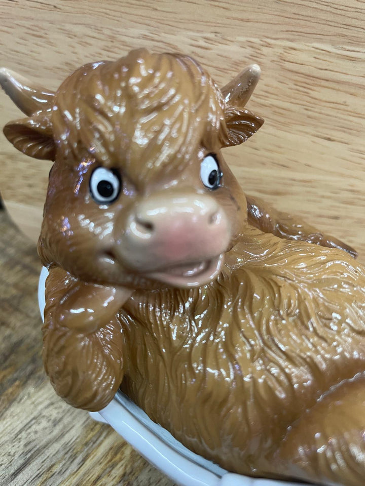 Highland cow in tub & toilet with book quirky ornament