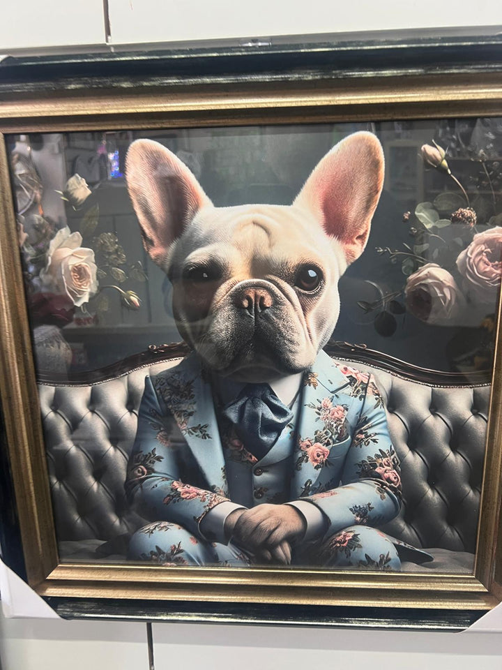 French bulldog sitting on couch with suit quirky picture black & gold step frame