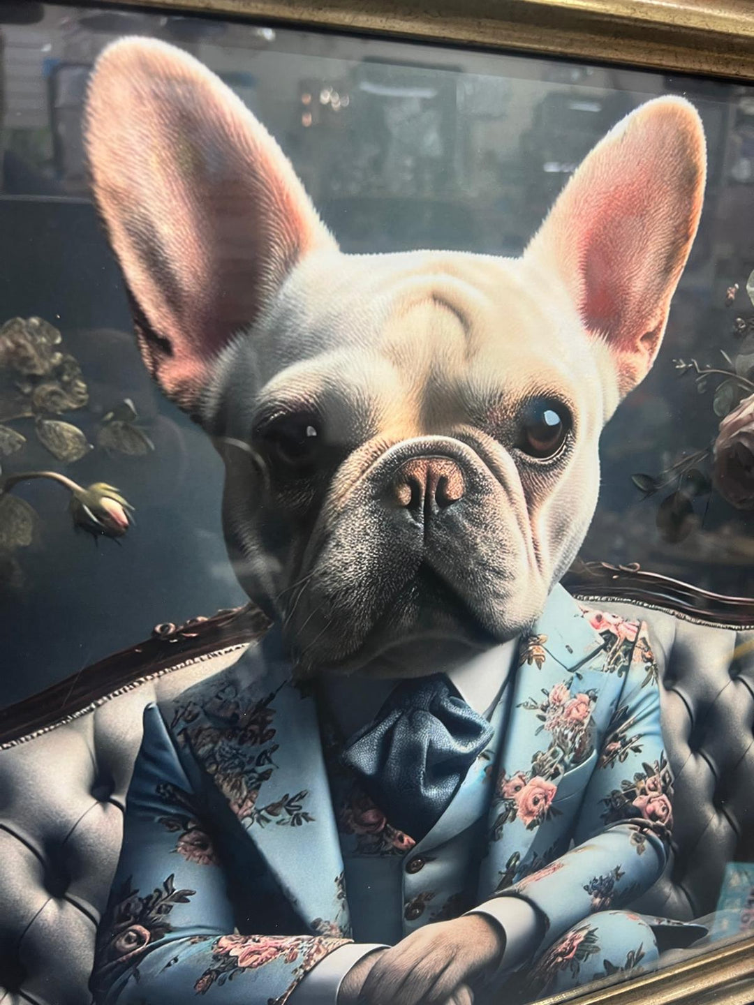 French bulldog sitting on couch with suit quirky picture black & gold step frame