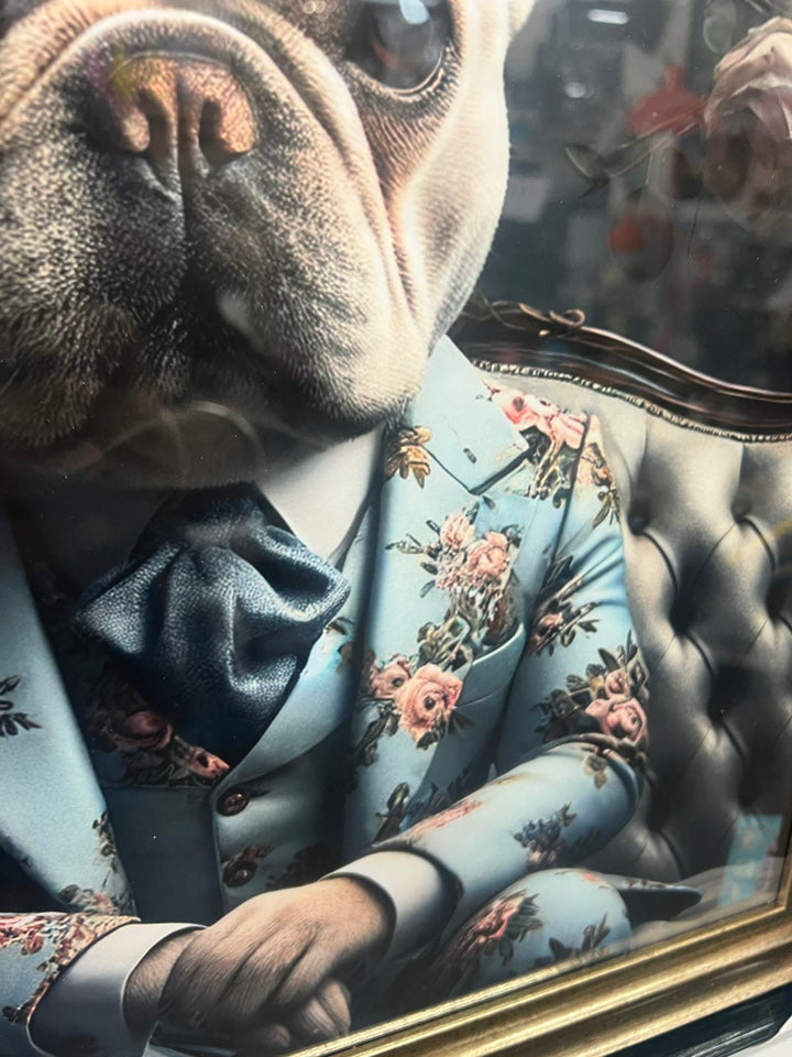 French bulldog sitting on couch with suit quirky picture black & gold step frame