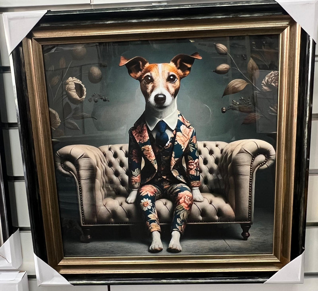Black & Gold framed Jack Russell in a suit picture