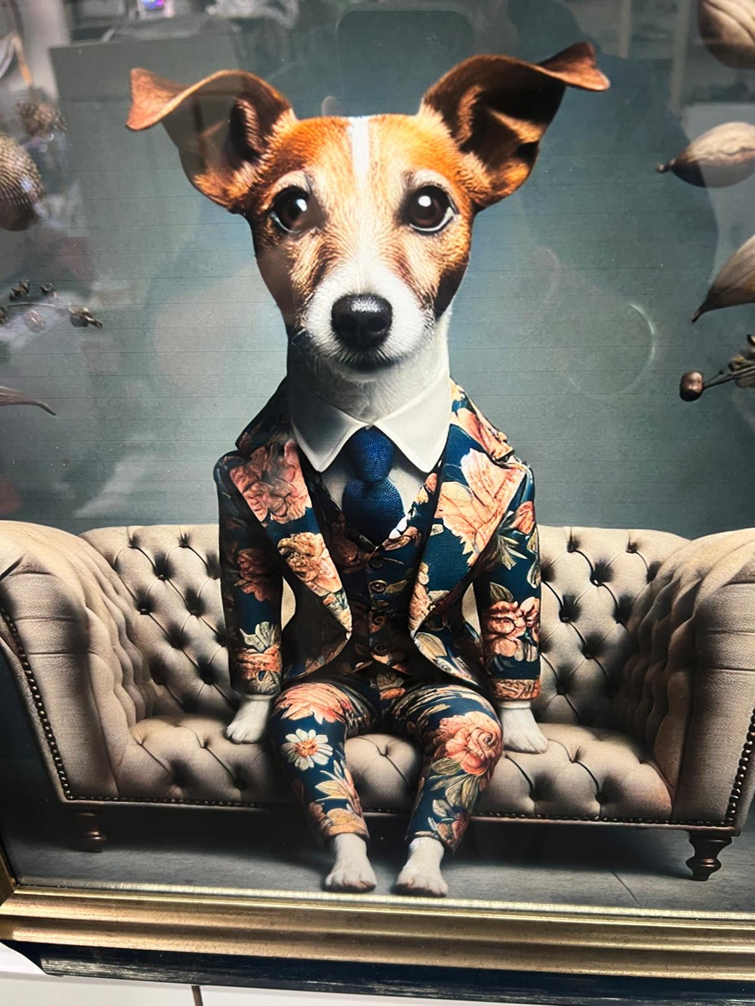 Black & Gold framed Jack Russell in a suit picture