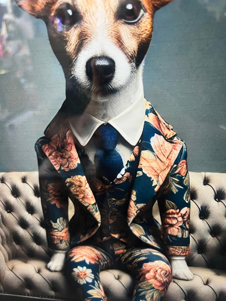 Black & Gold framed Jack Russell in a suit picture