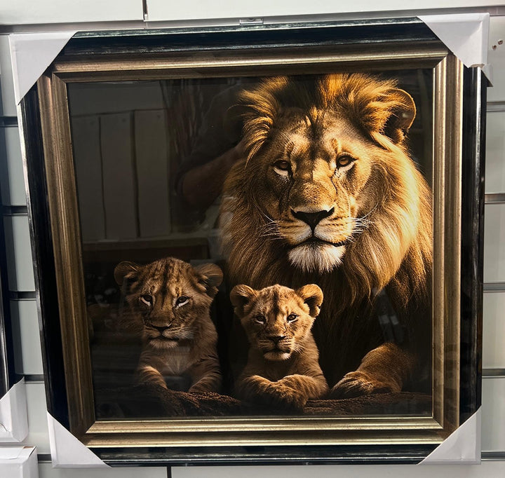 Lion, lioness with 2 cubs black & gold framed step majestic animal picture