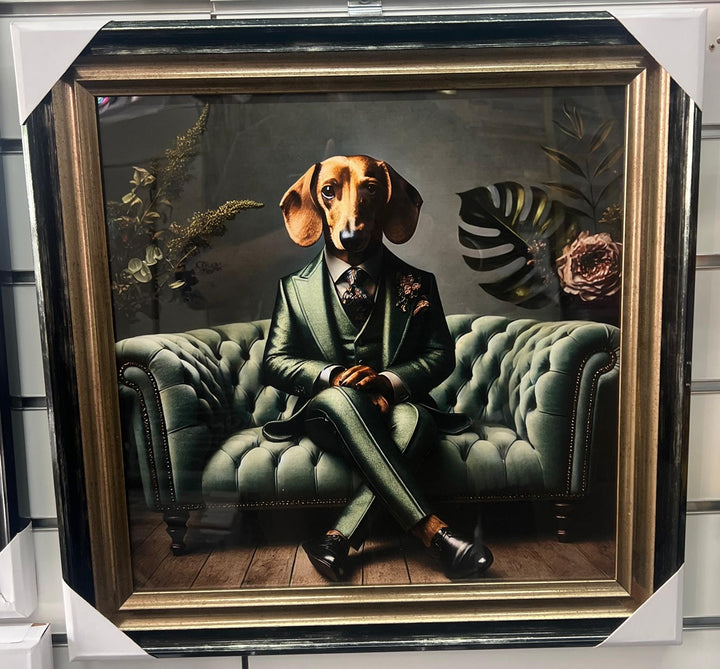 Black Gold framed Dachshund dog in green suit picture quirky