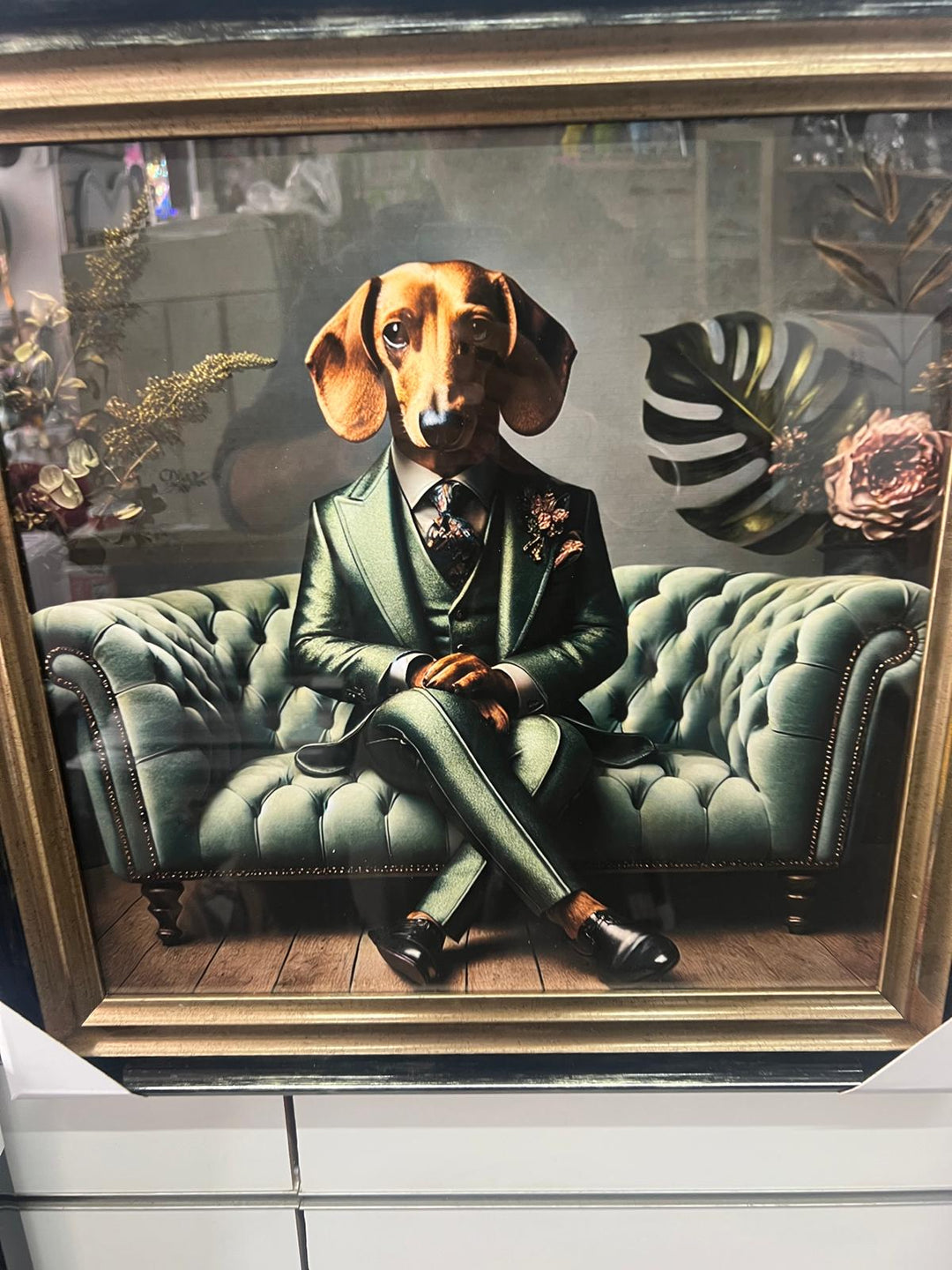 Black Gold framed Dachshund dog in green suit picture quirky