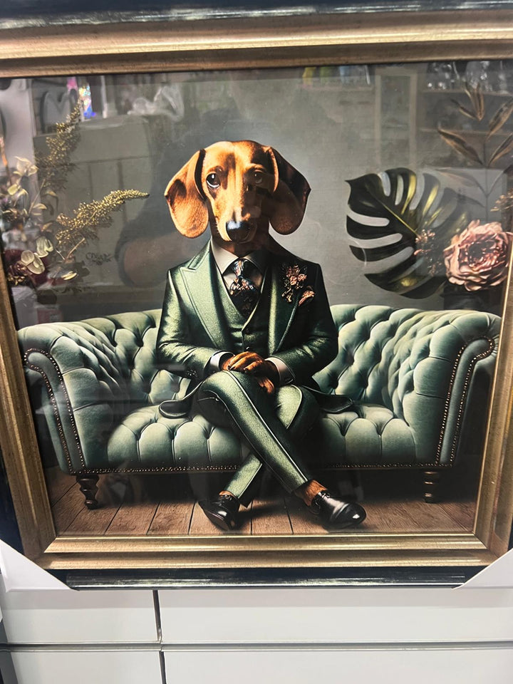 Black Gold framed Dachshund dog in green suit picture quirky