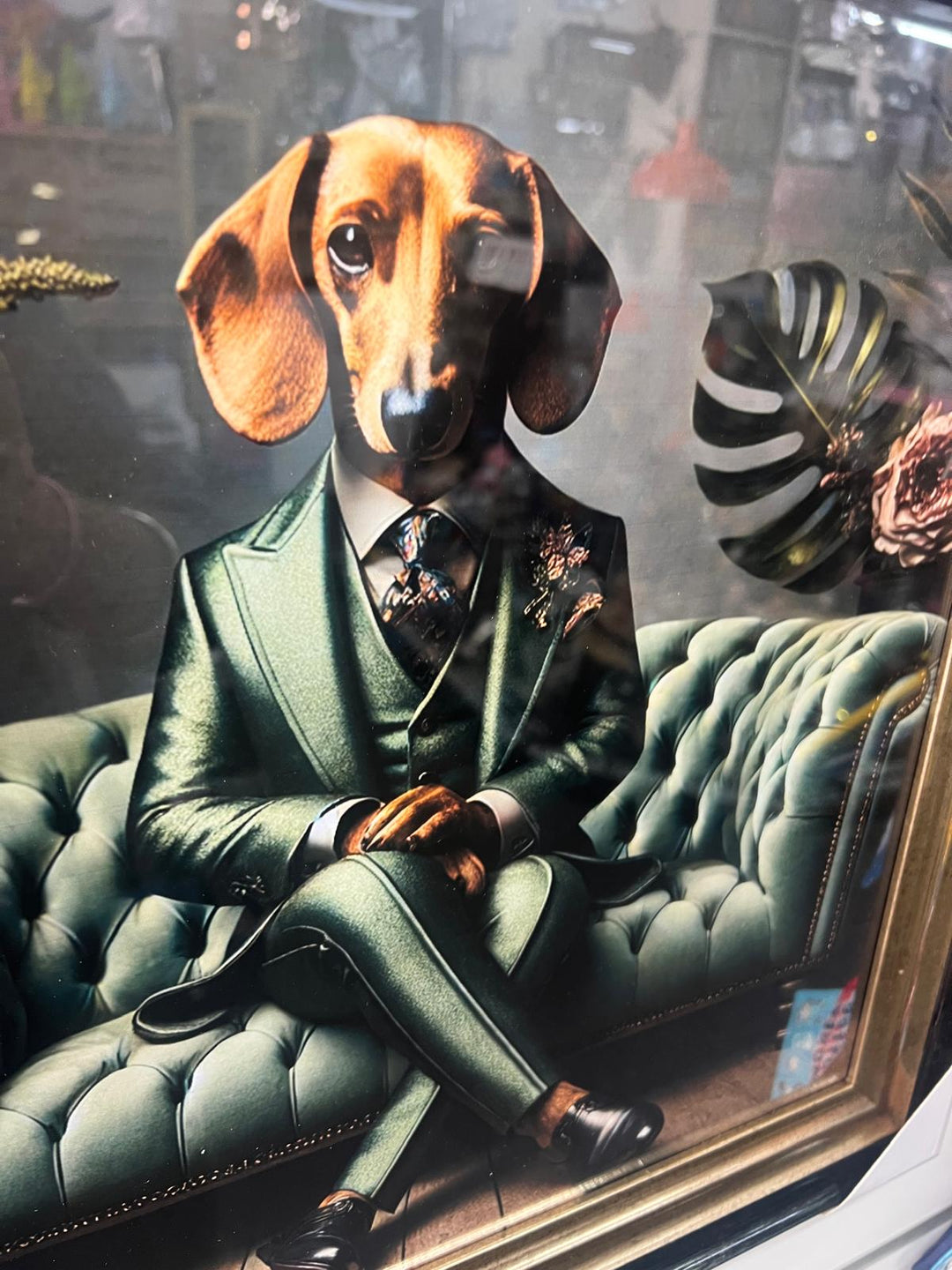 Black Gold framed Dachshund dog in green suit picture quirky