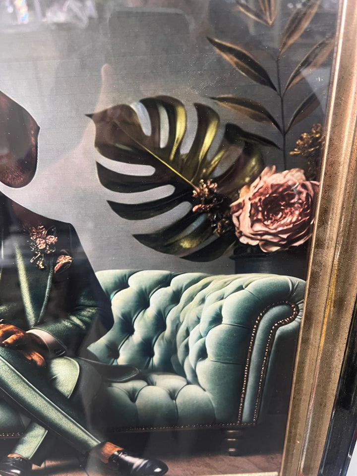 Black Gold framed Dachshund dog in green suit picture quirky
