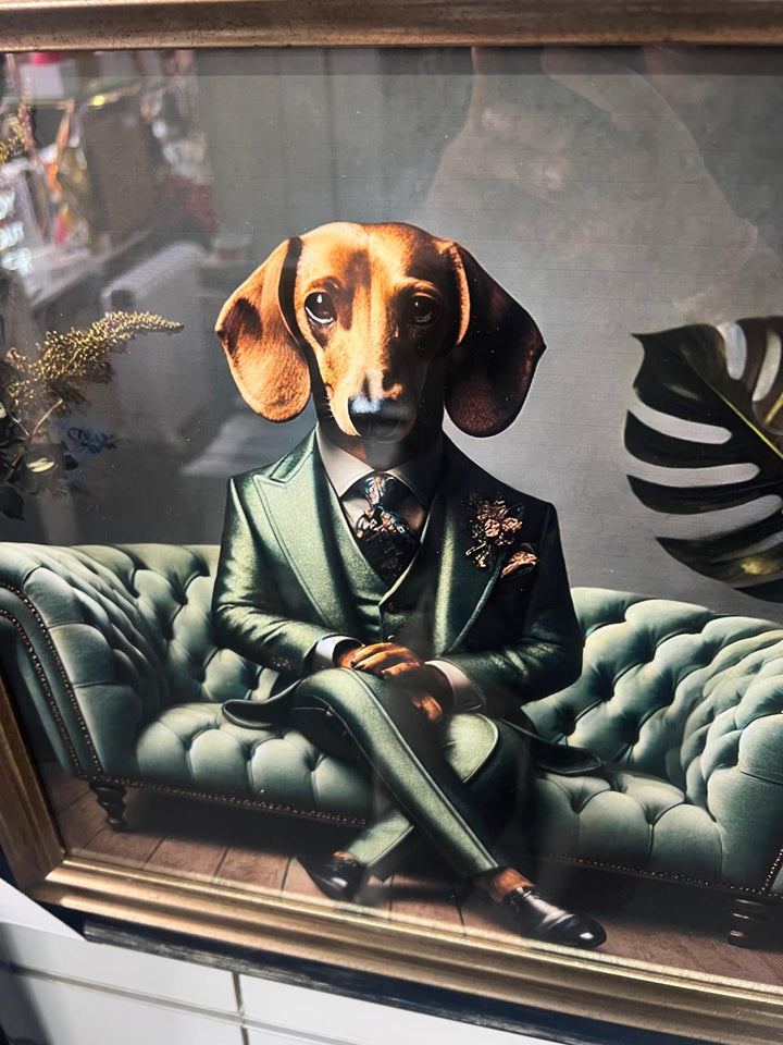 Black Gold framed Dachshund dog in green suit picture quirky