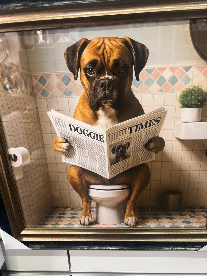 Framed Black & Gold boxer dog picture with newpaper on toilet