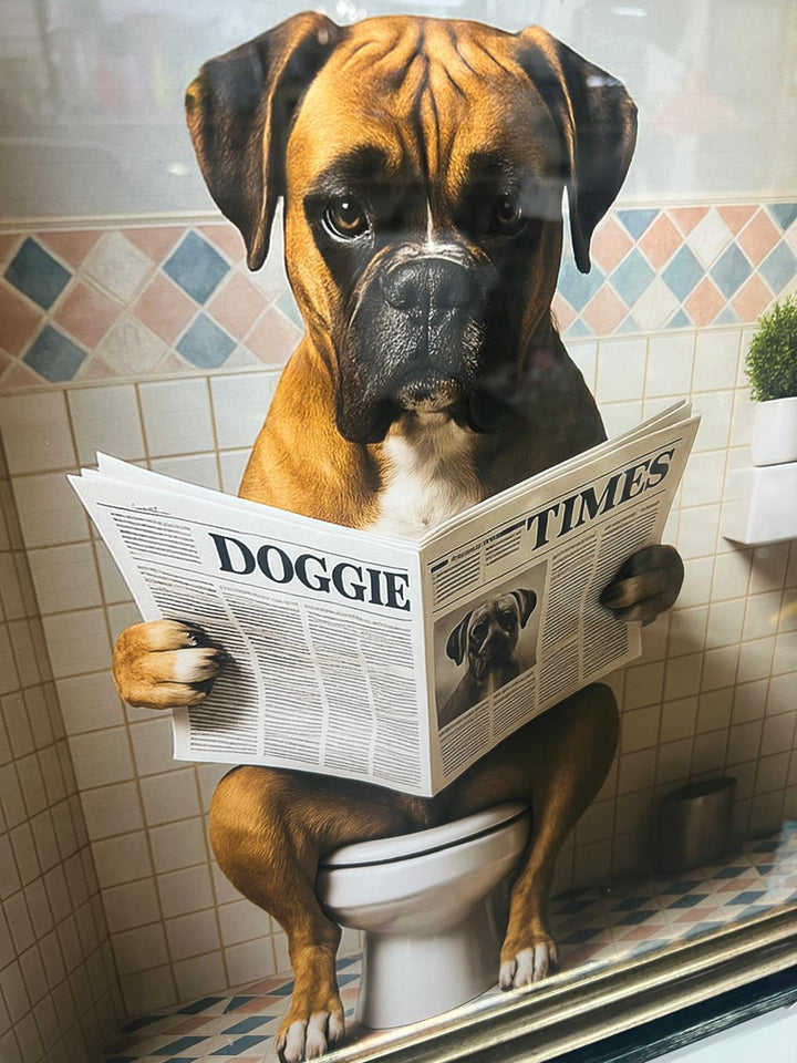 Framed Black & Gold boxer dog picture with newpaper on toilet