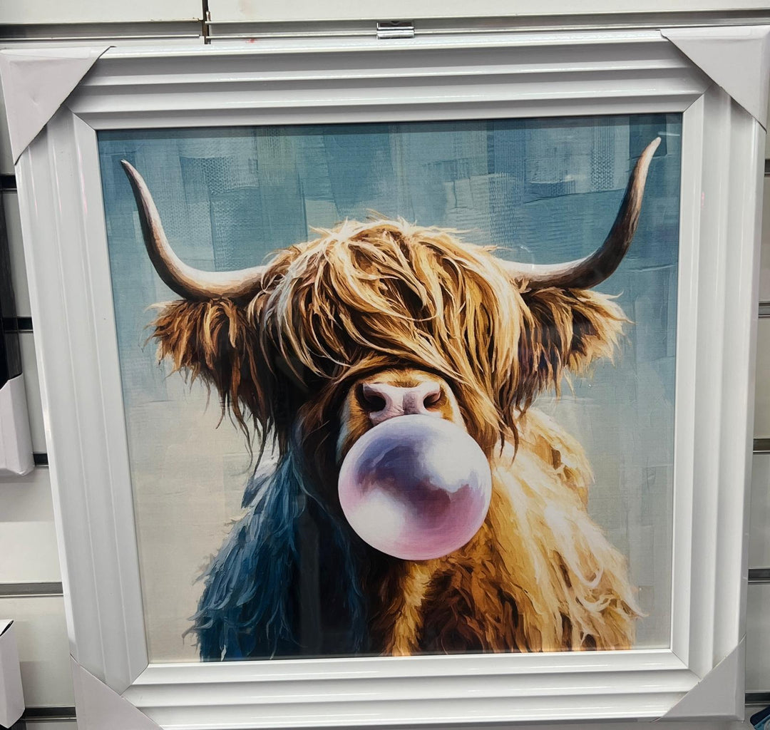 Highland cow bubble/multi colour quirky picture white frame animal wall art