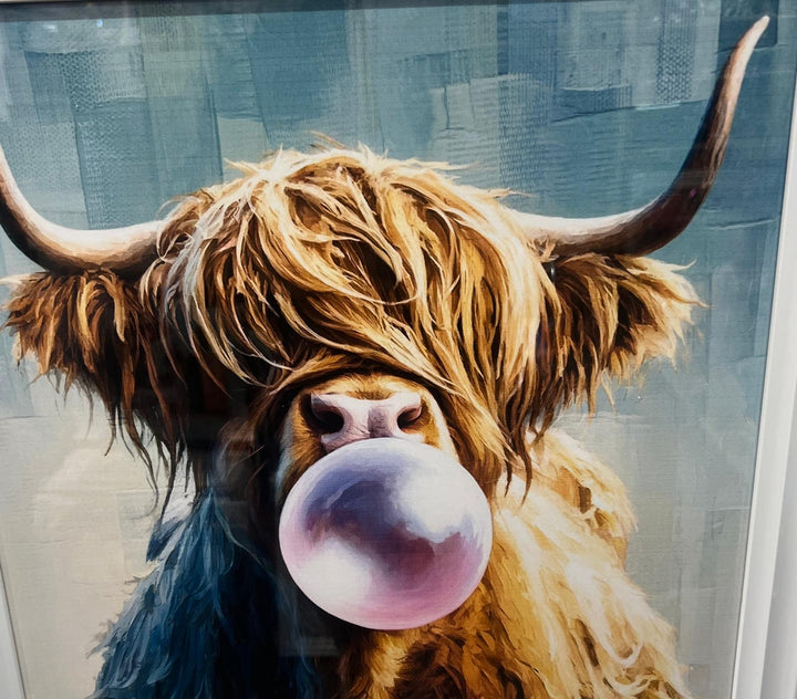 Highland cow bubble/multi colour quirky picture white frame animal wall art