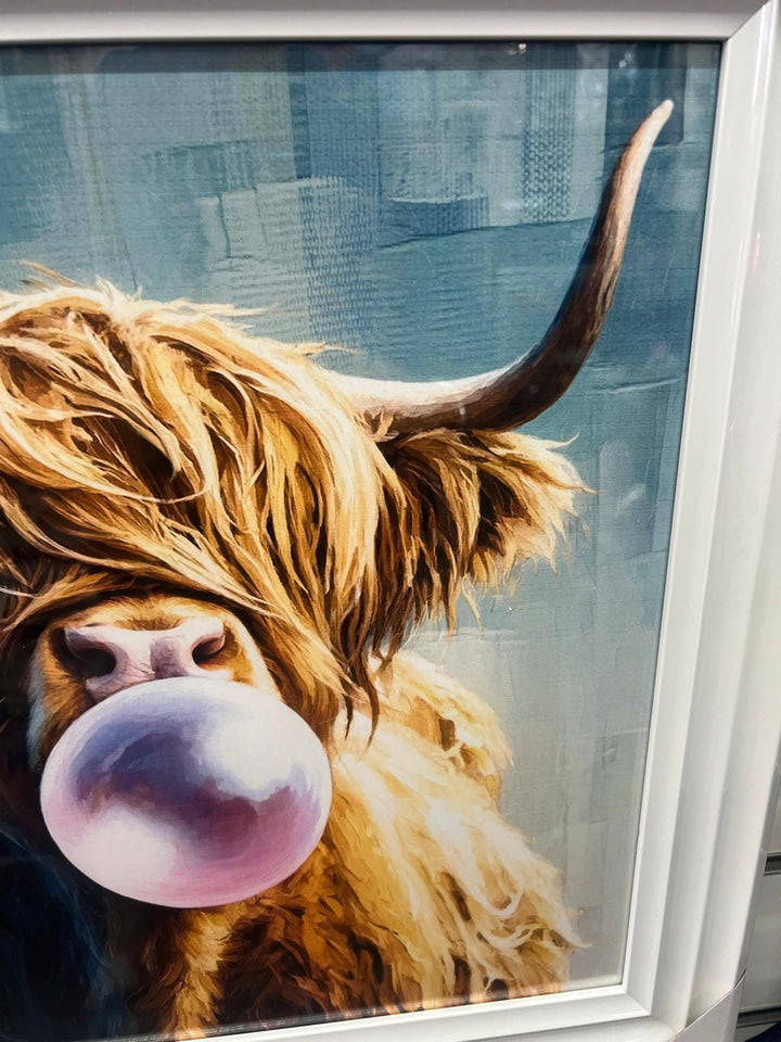Highland cow bubble/multi colour quirky picture white frame animal wall art