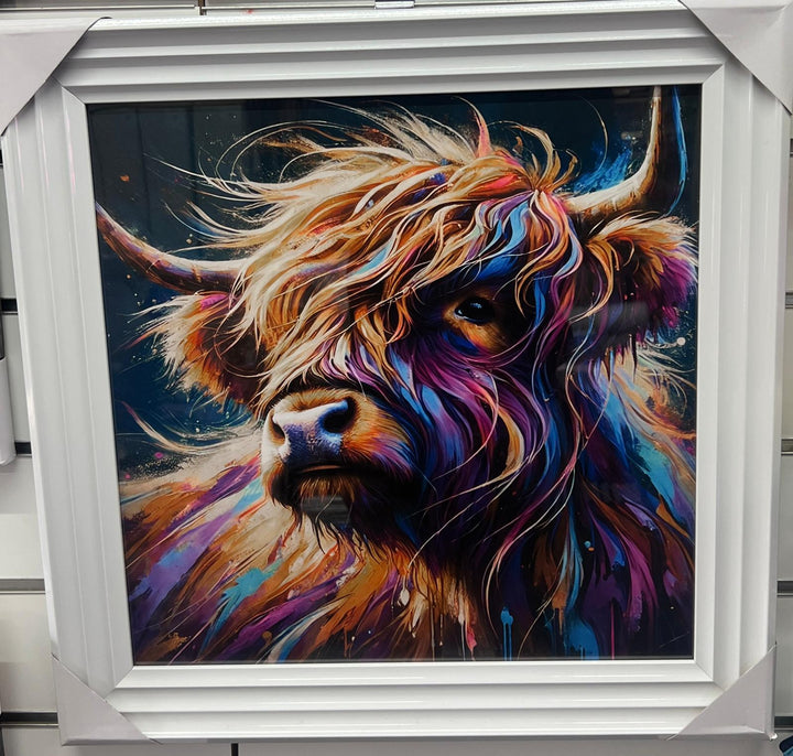 Highland cow bubble/multi colour quirky picture white frame animal wall art