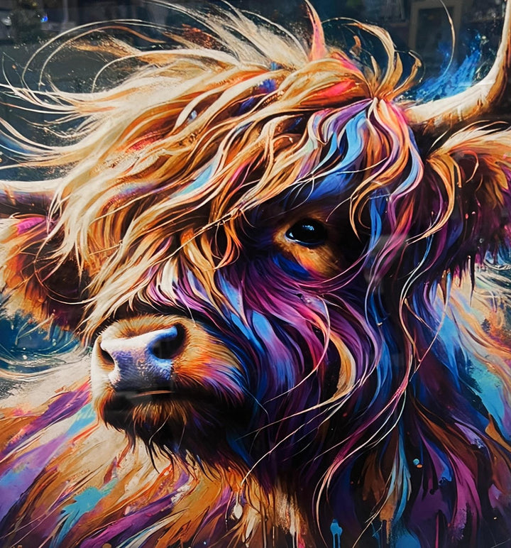 Highland cow bubble/multi colour quirky picture white frame animal wall art
