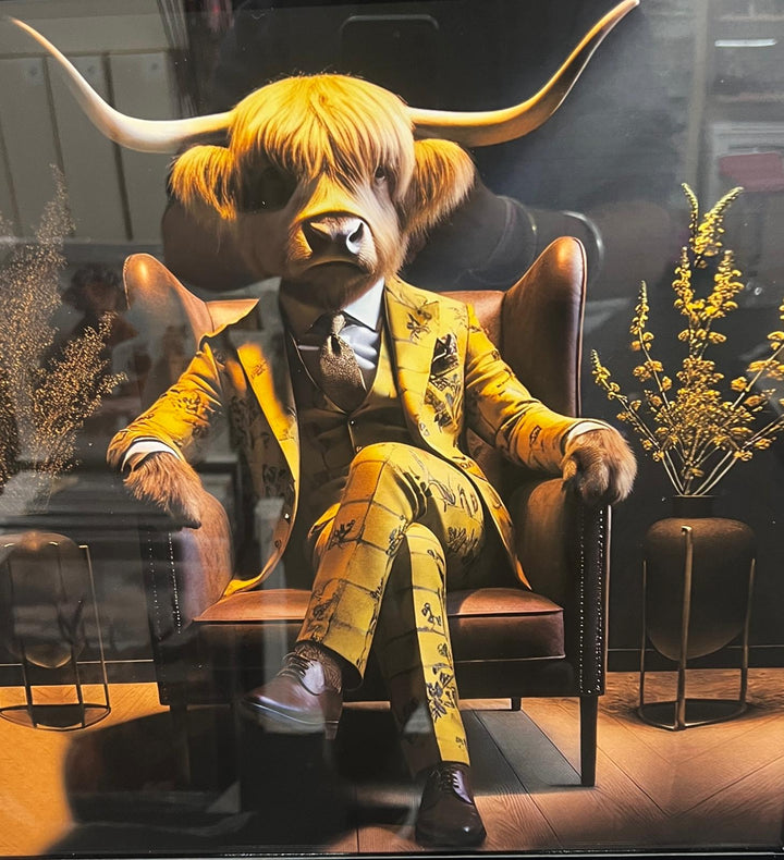 Highland Cow in mustard floral suit couch wall art Champagne/Black frame