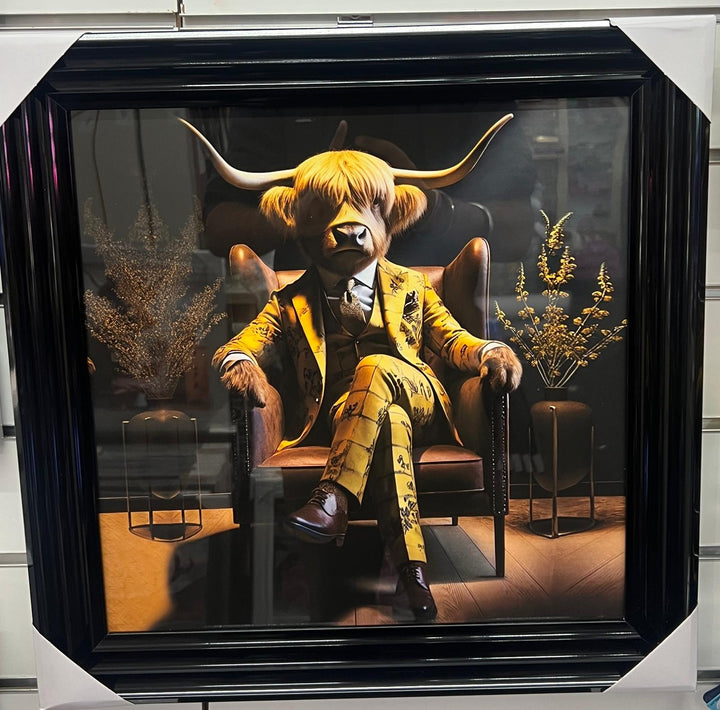 Highland Cow in mustard floral suit couch wall art Champagne/Black frame