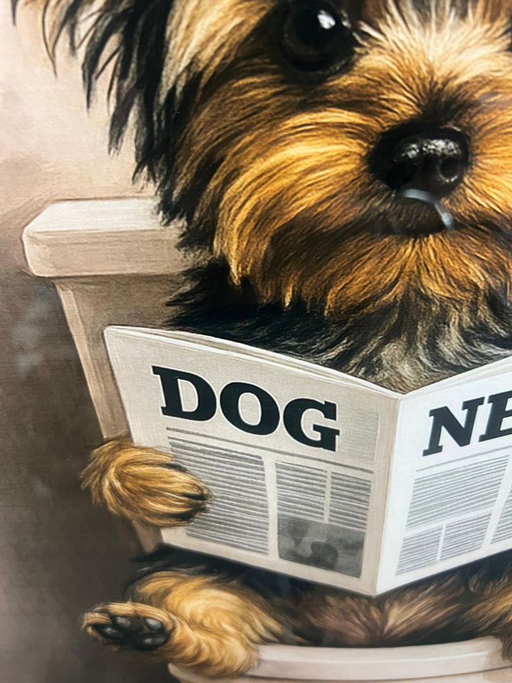 Yorkshire Terrier on Toilet Reading Newspaper Quirky Wall Art in Black & Gold Step Frame