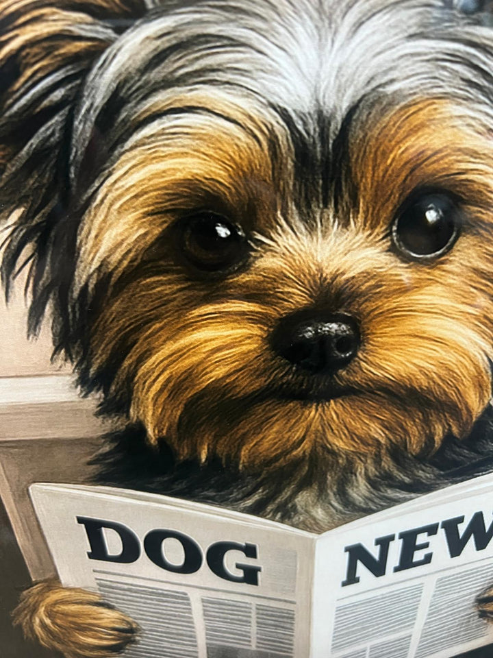 Yorkshire Terrier on Toilet Reading Newspaper Quirky Wall Art in Black & Gold Step Frame