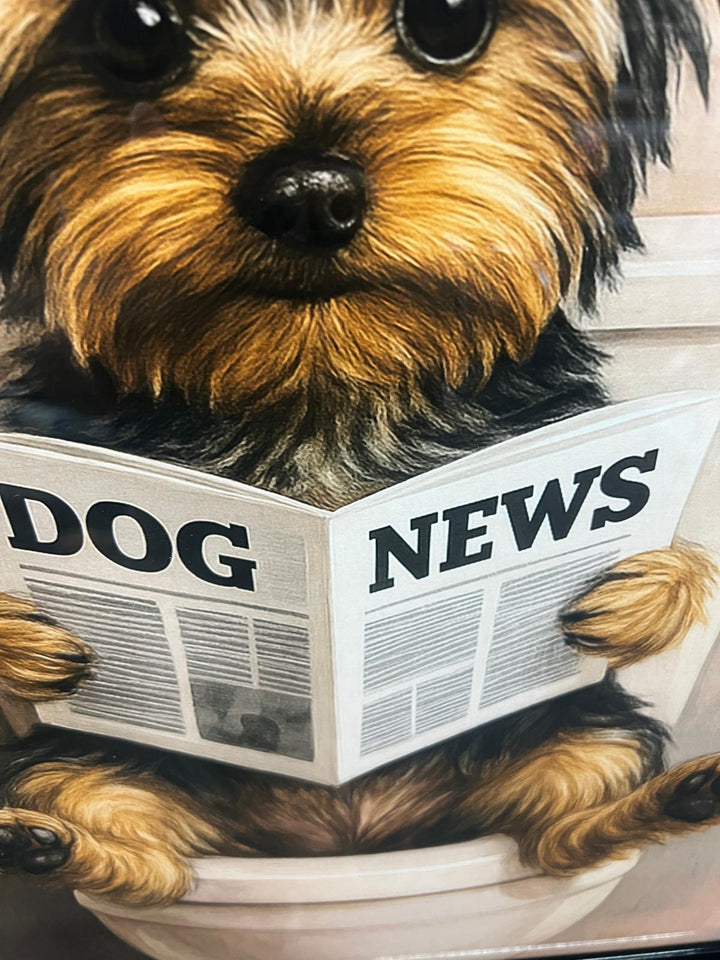 Yorkshire Terrier on Toilet Reading Newspaper Quirky Wall Art in Black & Gold Step Frame