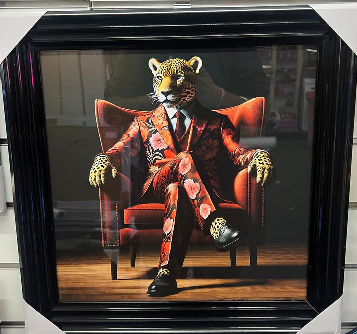 Black frame Leopard sitting in red floral suit animal picture wall art quirky