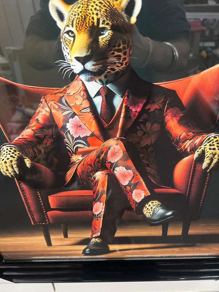 Black frame Leopard sitting in red floral suit animal picture wall art quirky