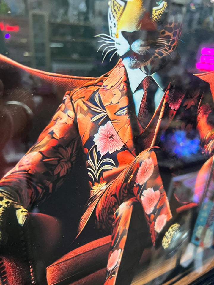 Black frame Leopard sitting in red floral suit animal picture wall art quirky