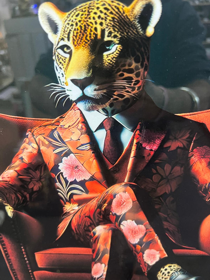 Black frame Leopard sitting in red floral suit animal picture wall art quirky